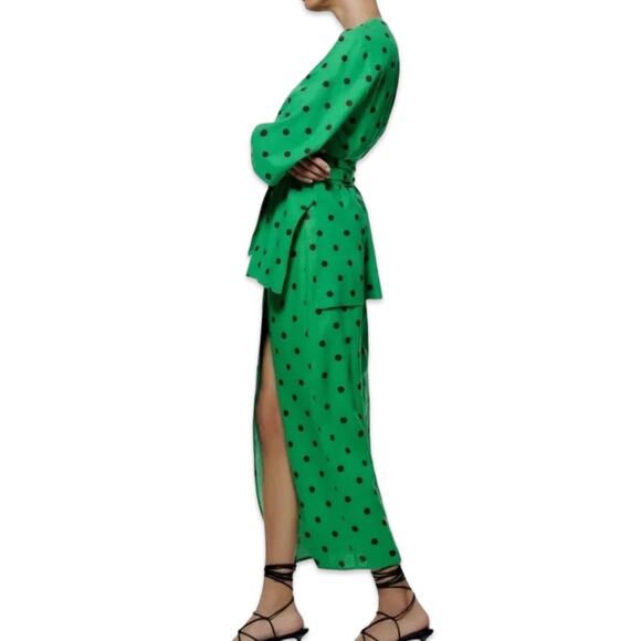 Zara Green Brown Polka Dot Midi Skirt Half Sleeve Top Set size S Blogger Fave - Picture 13 of 16